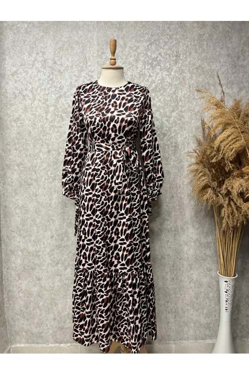 25Y1749 ELBİSE SATEN LEOPAR DESENLİ KOLU BAĞCIKLI