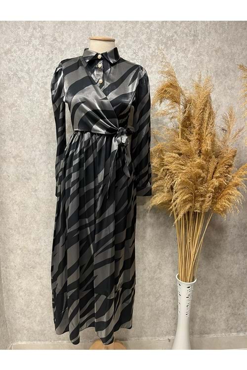 25Y3416 ELBİSE SATEN ZEBRA DESEN BELİ BAĞLAMALI