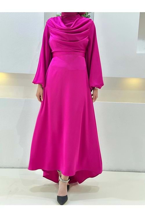 25Y3300 ELBİSE SATEN ÖN DROPELİ BEL KUŞAKLI BALON KOL