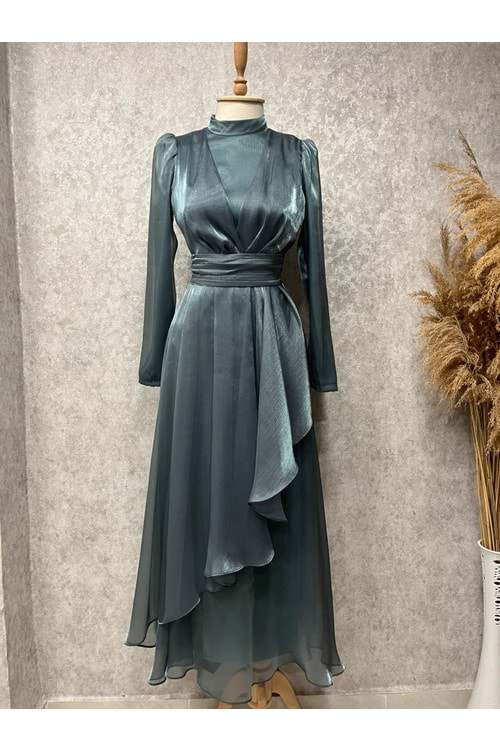 25Y9395 ELBİSE ABİYE JANJAN KUMAŞ ETEĞİ VOLANLI BELİ KUŞAKLI