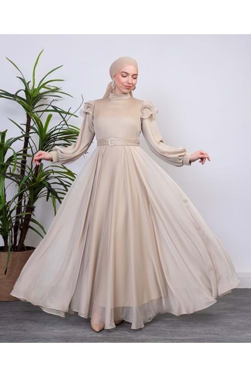 25Y9596 ELBİSE ABİYE ÜST PİLİSELİ OMUZDAN FIRFIR DETAYLI