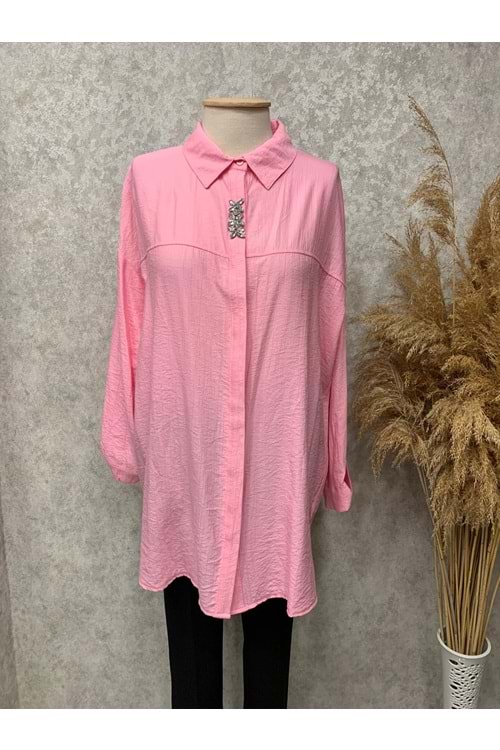 25Y170146 GÖMLEK GİZLİ DÜĞME KAPAMA KOL VE YAKA TAŞ DETAYLI