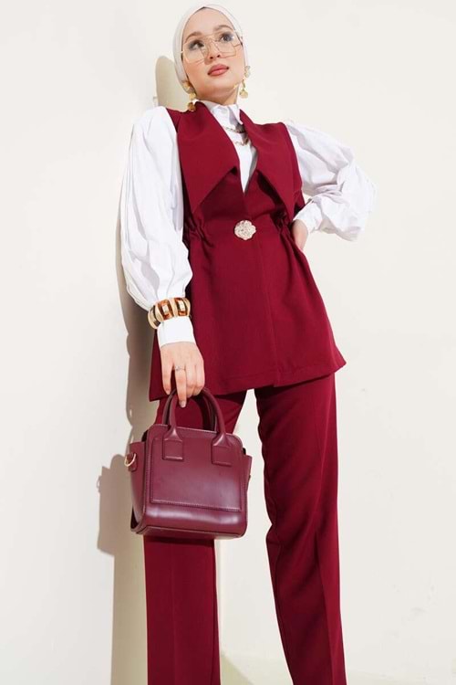 25Y4405 TAKIM YELEK PANTOLON , YELEK TEK DÜĞMELİ BEL BÜZGÜ DETAY