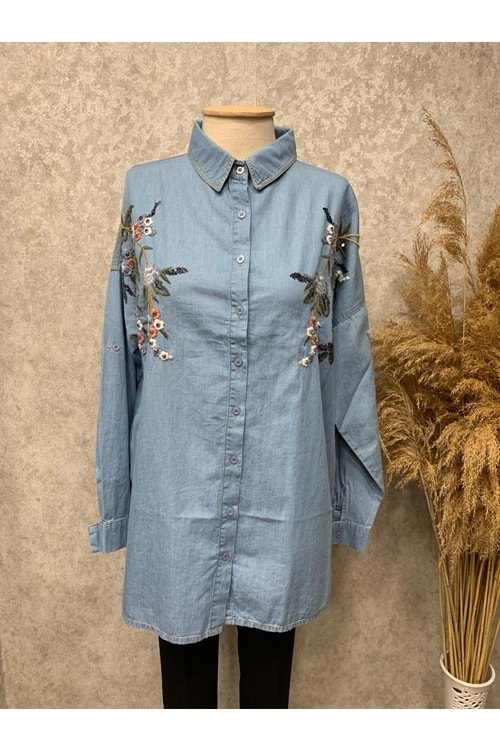 25Y17374 TUNİK GÖMLEK KOT ÇİÇEK DESEN NAKIŞLI