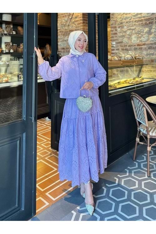 25Y1427 TAKIM GÖMLEK ETEK FİSTO KUMAŞ GÖMLEK GİZLİ DÜĞMELİ TAŞ İŞLEMELİ