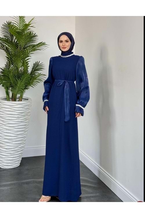 25Y4726 ELBİSE ABİYE KREP KUMAŞ KOLLARI JANJAN YAKA VE KOL UCU TAŞLI