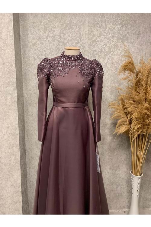 25Y4981 HENNİN ABİYE ELBİSE TAFTA KUMAŞ ÜSTÜ TAŞ İŞLEMELİ KEMERLİ