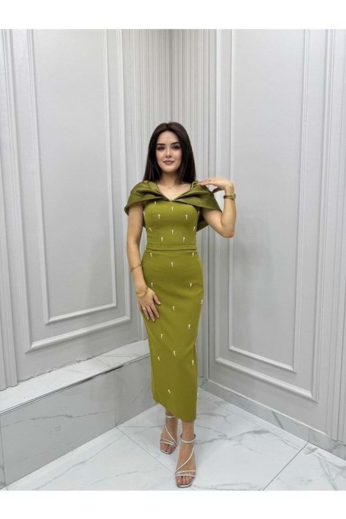 25Y4041 HENNİN ELBİSE AÇIK ABİYE STRAPLEZ KALEM İNCİ DETAYLI