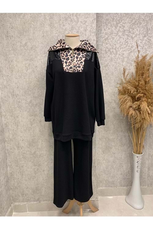 26K120280 TAKIM TUNİK PANTOLON YAKASI FERMUARLI LEOPAR DESENLİ
