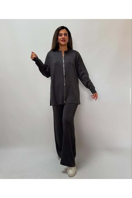 26K3154 TAKIM TRİKO TUNİK PANTOLON KENDİNDEN SİMLİ ÖNÜ FERMUARLI