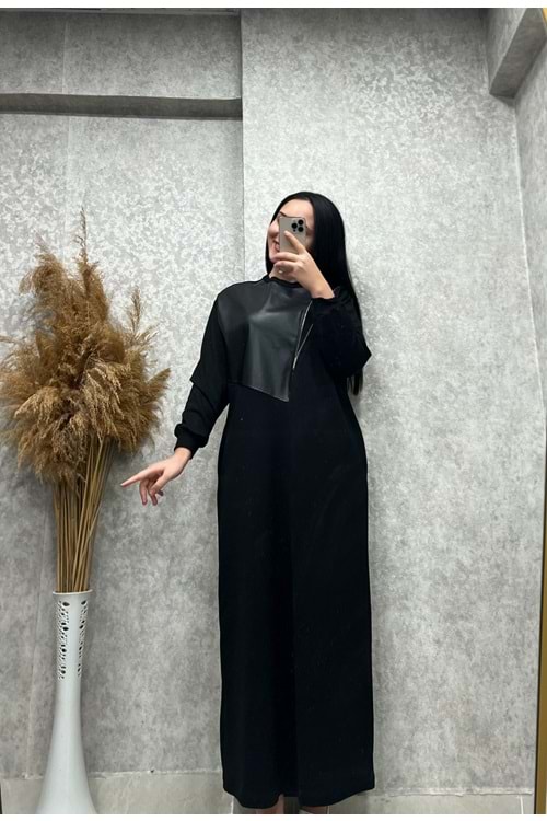 26K12656 ELBİSE İKİ İPLİK PENYE DERİ VE FERMUAR DETAYLUI