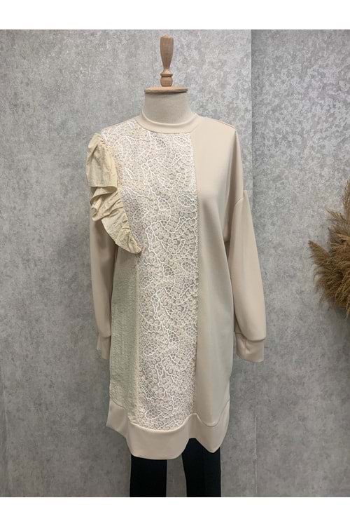 26K10628 TUNİKÖNÜ GÜPÜR DETAYLI TEK OMZU FIRFIRLI OYSHO KUMAŞ