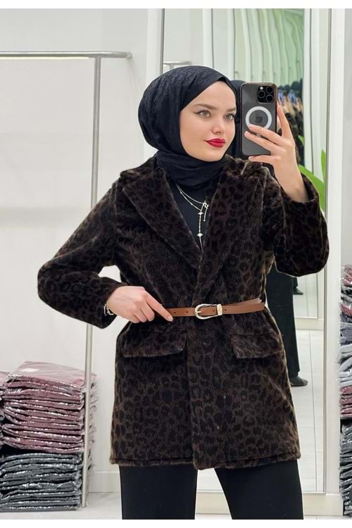 26K8165 CEKET FOX KÜRKLÜ LEOPAR DESENLİ BELİ KEMERLİ