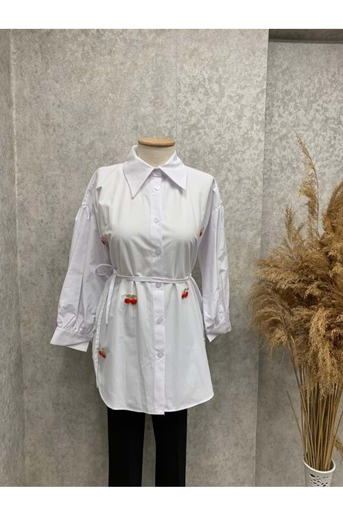 26Y5343 TUNİK GÖMLEK KİRAZ TAŞLI BELİ KEMERLİ