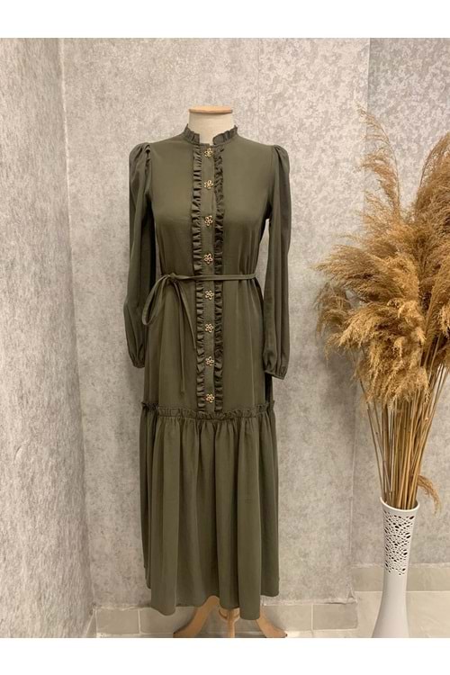 26Y3470 ELBİSE DÜĞMELER ÇİÇEK DETAYLI ALT KISMI FIRFIRLI